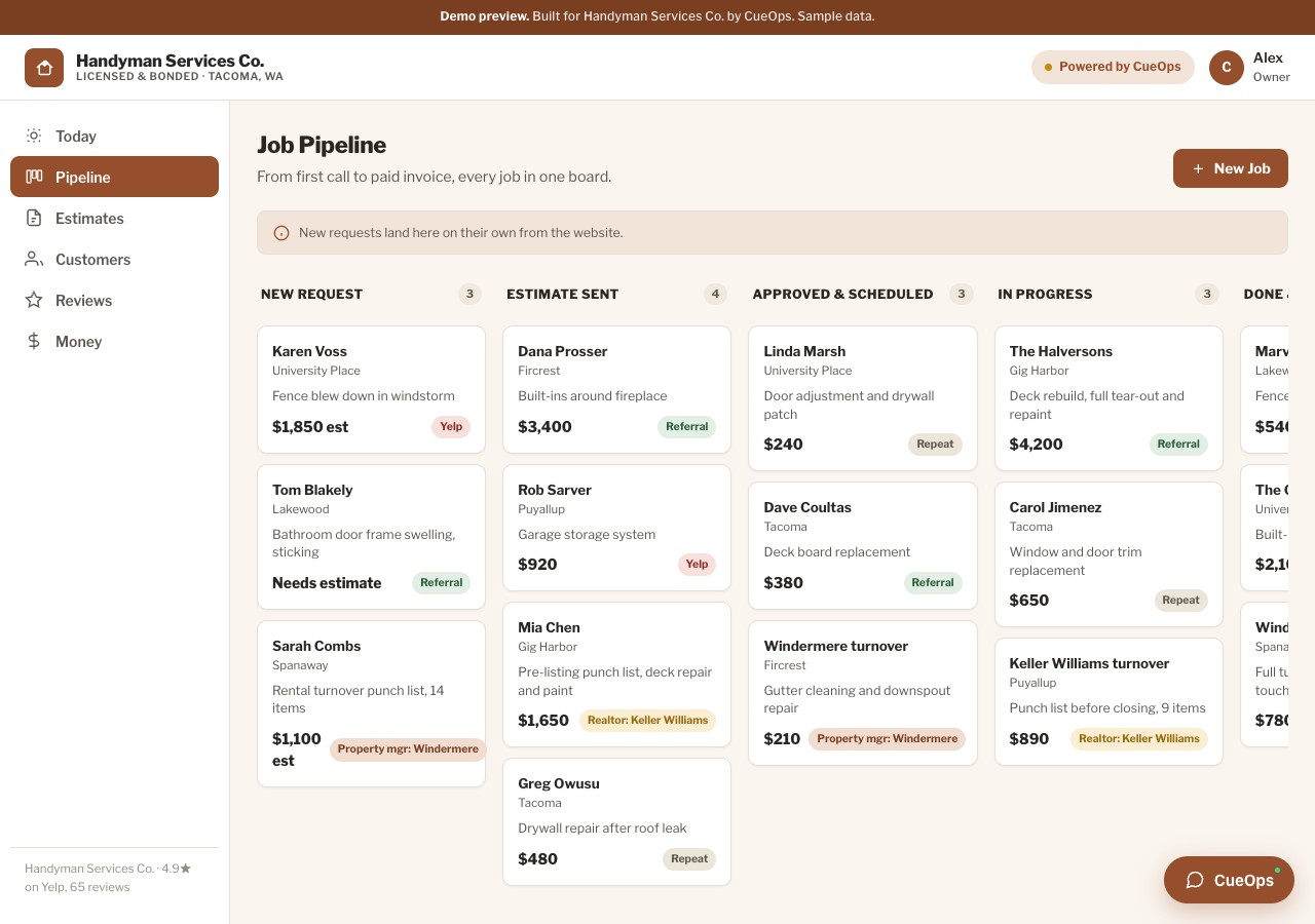 Estimate and job pipeline board from a CueOps demo