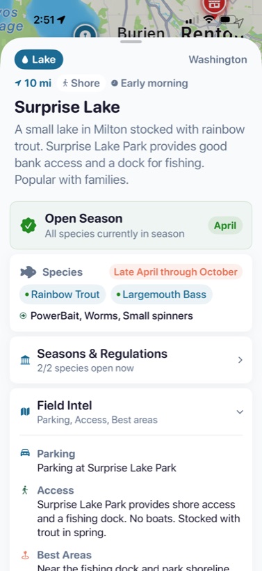 CastAI conditions view with tides, depth, and regulations